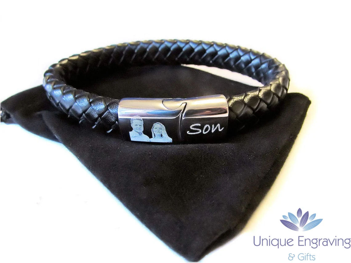 Personlised engraved tribal leather Mens ID bracelet - Click Image to Close